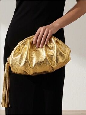 Rebecca Minkoff Gold Metallic Ruched Clutch Cloud Bag Tassel Zip